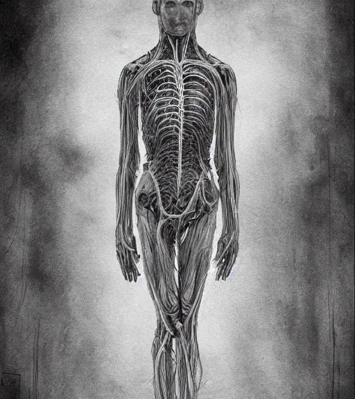 Prompt: the human nervous system. black and white drawing, in the style of greg rutkowski, fantasy, amazing detail, epic, intricate, elegant, smooth, sharp focus