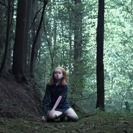 Prompt: Sadie Sink (Maxine Mayfield) from Stranger Things kneeling in a forest looking straight ahead, cinematic, soft realistic lighting, establishment scene, extremely high details, photorealistic, 8k