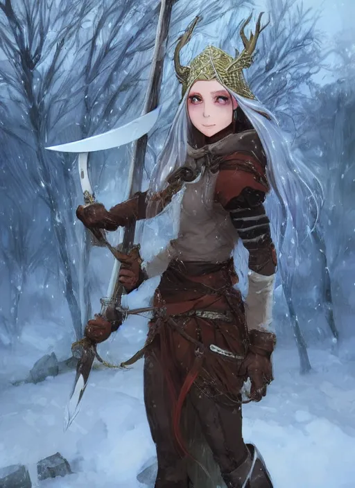 Image similar to a female elven hunter in winter, snowy background, snowy. Holding a hunting knife. Facing the camera, long shot. By Makoto Shinkai, Stanley Artgerm Lau, WLOP, Rossdraws, James Jean, Andrei Riabovitchev, Marc Simonetti, krenz cushart, Sakimichan, trending on ArtStation, digital art.