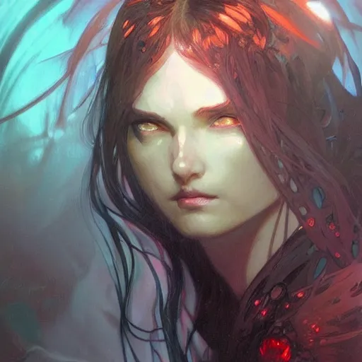 Image similar to digital character concept art by artgerm and greg rutkowski and alphonse mucha. clear portrait of vampire girl, blood dripping, light effect. hyper detailed, glowing lights!! intricate, elegant, digital painting, artstation, smooth, sharp focus