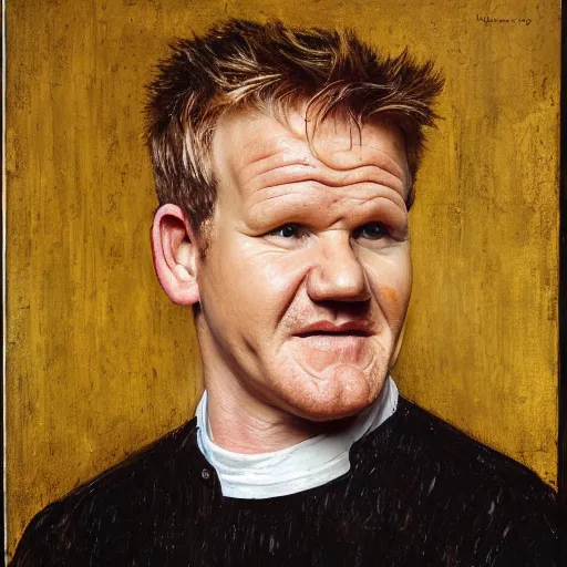 Image similar to portrait of gordon ramsay, oil painting by jan van eyck, northern renaissance art, oil on canvas, wet - on - wet technique, realistic, expressive emotions, intricate textures, illusionistic detail