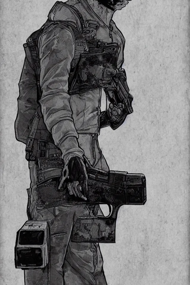 Image similar to a portrait of kaneda from akira with a glock - 1 8 gen 4, in the art style of katsuhiro otomo, realistic, highly detailed, b & w, 4 k