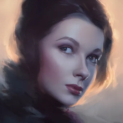 Image similar to closeup portrait of a young vivian leigh, dramatic lighting, city background, night, moon, chiaroscuro, high detail, painted by greg rutkowski, painted by igor kieryluk, painted by bobby chiu, trending on artstation