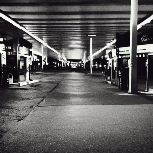 Prompt: insane nightmare, no light, everything is blurred, creepy shadows, petrol station, very poor quality of photography, 2 mpx quality, grainy picture