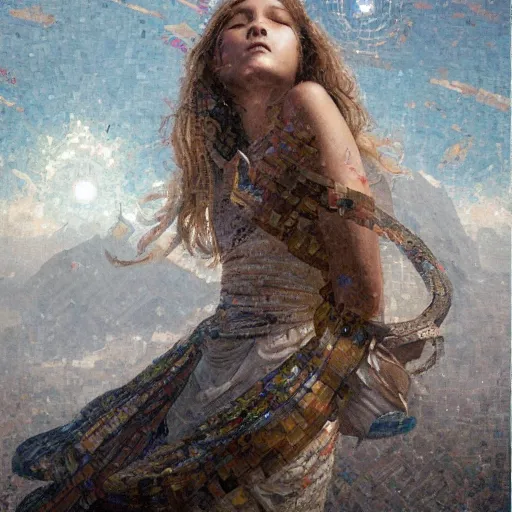 Image similar to mosaic portrait of a beautiful young girl falling into the sky by greg rutkowski, 4k, intricate details, dichotomy