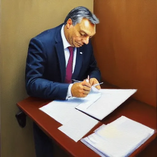 Image similar to viktor orban doing paperwork in a cubicle, oil painting