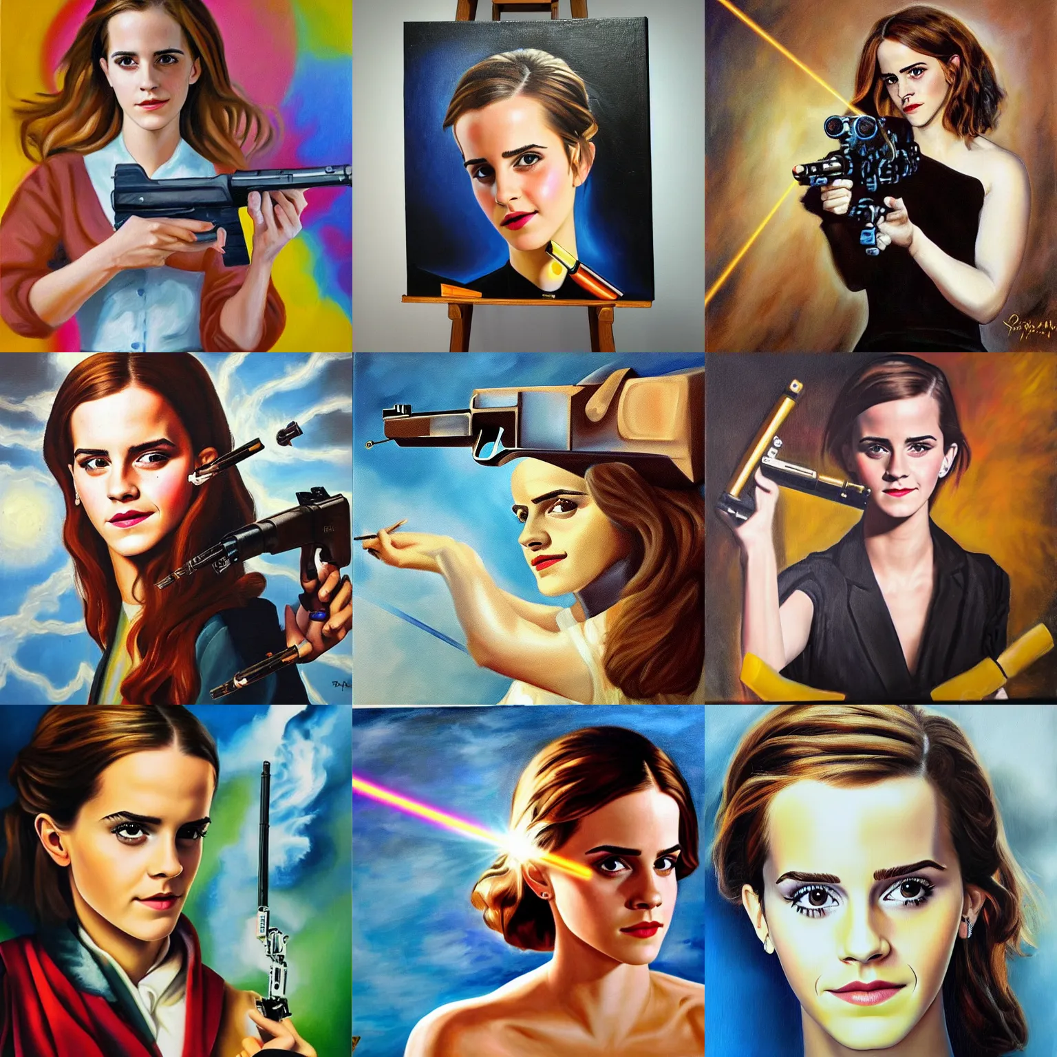 Prompt: oil painting of emma watson holding a laser gun in the style of salvator dali