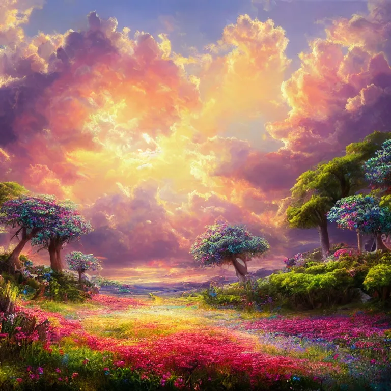 Image similar to a beautiful painting of every cloud has a silver lining, paradise, sunset, made from flowers and fungi, highly detailed, 8 k resolution, trending on artstation