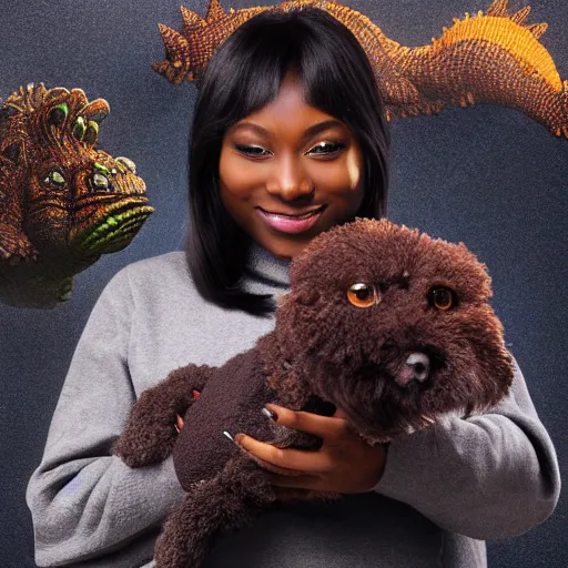 Image similar to Dark skinned woman holding pet chibi Godzilla, portrait, Highly Detailed