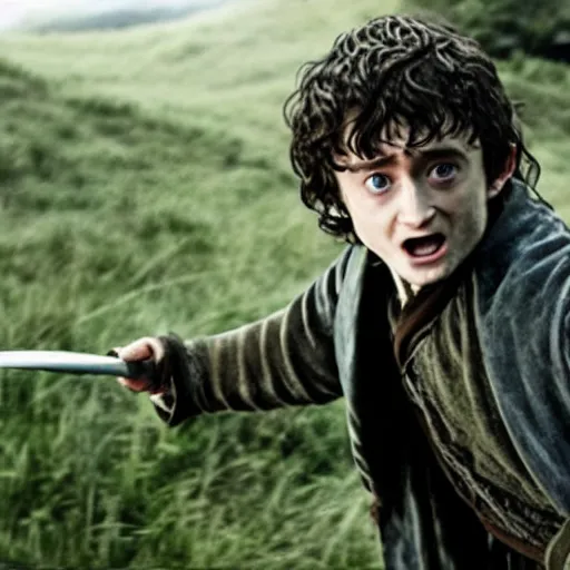 Prompt: Film still of (Daniel Radcliffe) as Frodo in Lord of the Rings: The Return of the King