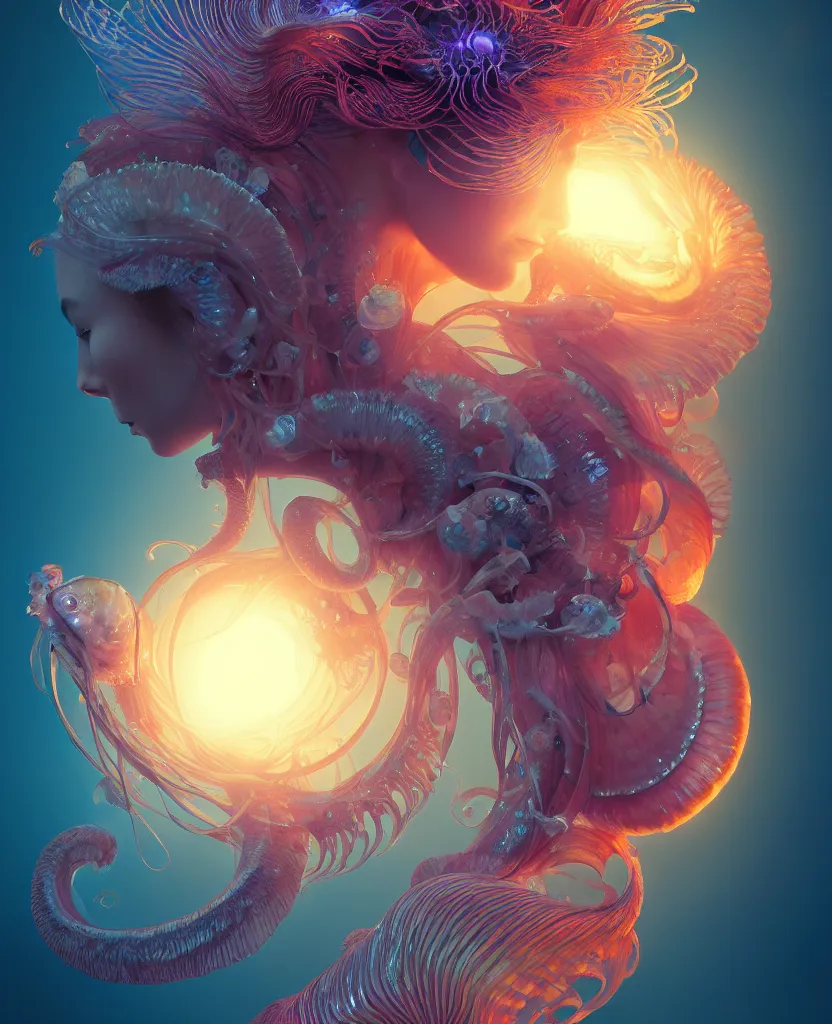 Image similar to goddess close-up portrait. chimera orchid jellyfish phoenix head, nautilus, skull, betta fish, bioluminiscent creatures, intricate artwork by Tooth Wu and wlop and beeple. octane render, trending on artstation, greg rutkowski very coherent symmetrical artwork. cinematic, hyper realism, high detail, octane render, 8k