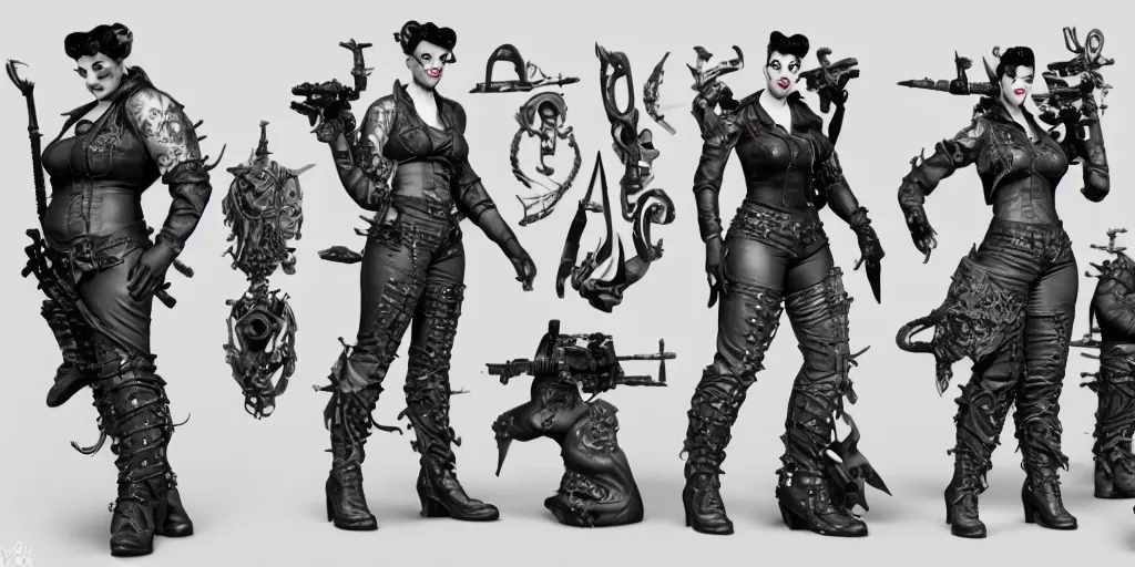 Image similar to armored tattoed rockabilly pinup warrior, character sheet, concept design, contrast, hot toys, kim jung gi, greg rutkowski, zabrocki, karlkka, jayison devadas, trending on artstation, 8 k, 3 d model, photo, realistic, octane render, ultra wide angle, pincushion lens effect