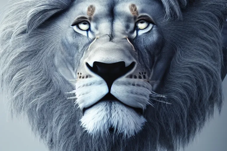 Image similar to lion, futuristic, cybernetic, metal, white blue grey, octane render, studio light, designed by apple