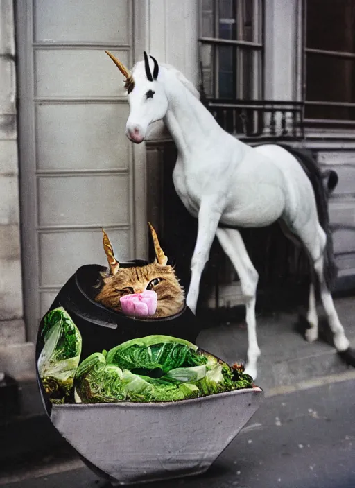 Image similar to a unicorn in paris, a cat and a piece of cabbage are bursting out of the unicorn, lsd, canon 5 d 5 0 mm lens kodachrome