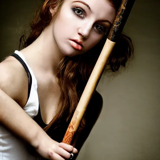 Image similar to lomo photograph, intricate detail, hyper detail, young beautifull woman, very hapot, full body potrait holding baseball bat, hazel green eyes, realistic, highlydetailed, natural, model shoot, masterpiece, sharp focus,