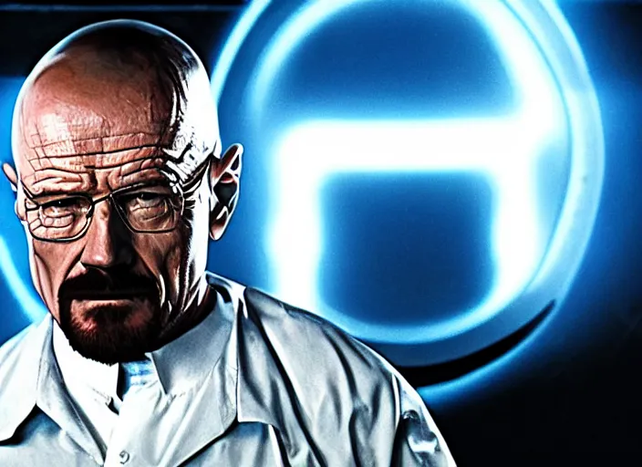 Image similar to film still of Walter White as Gordan Freeman wearing a black HEV suit with a lambda logo in front with a glowing blue portal in the background in the Half Life Movie, 4k