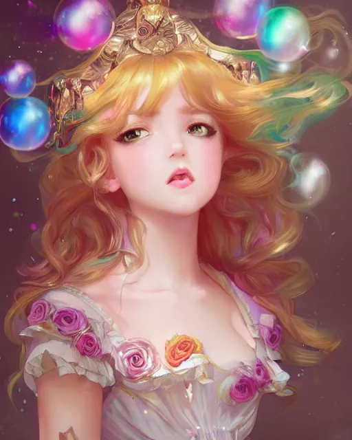 Prompt: portrait of magical lolita girl, dreamy and ethereal, expressive pose, big gold eyes, exciting expression, fantasy, intricate, elegant, many rainbow bubbles, rose tones, highly detailed, anime, artstation, concept art, cyberpunk wearing, smooth, sharp focus, illustration, art by artgerm and greg rutkowskiand alphonse mucha