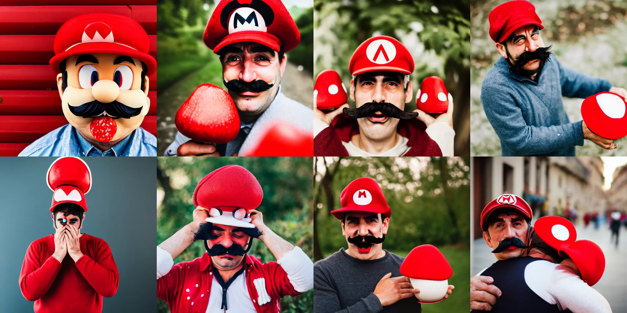 Prompt: italian man with a mustache dressed as mario wearing a solid red mario hat crying tears of joy hugging a red mushroom with white spots, 85mm lens, f1.8