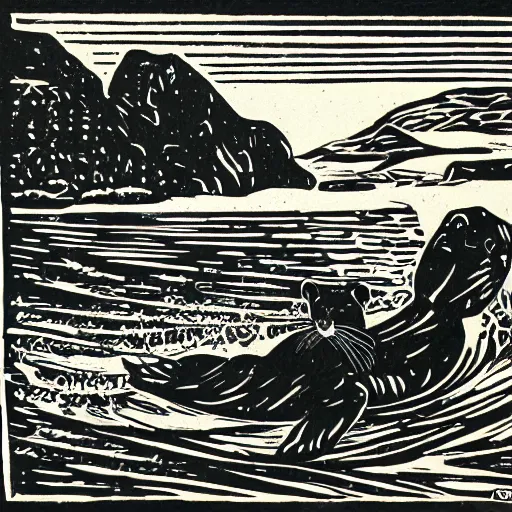 Prompt: a sea otter rancher riding on horseback, linocut print