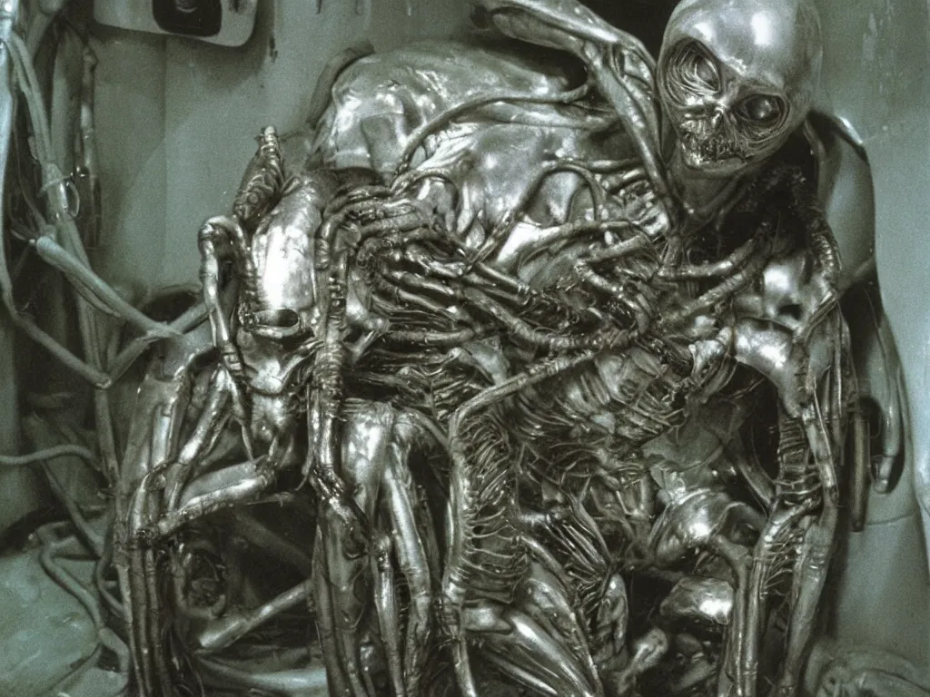 Prompt: H.R. Giger alien sitting on the toilet. Color photograph from 1990’s color sci-fi film.