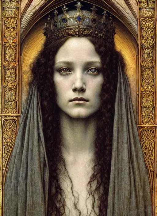 Image similar to detailed realistic beautiful young medieval queen face portrait by jean delville, gustave dore and marco mazzoni, art nouveau, symbolist, visionary, gothic, pre - raphaelite. horizontal symmetry