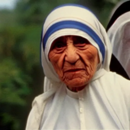 Prompt: A still of Mother Teresa in Rambo First Blood