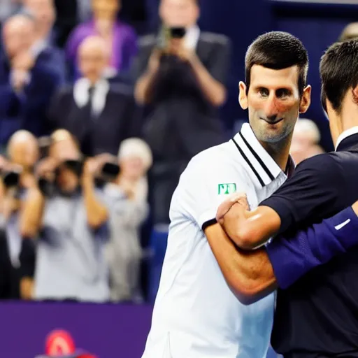 Image similar to a dapper victorian novak djokovic hugging a linesman