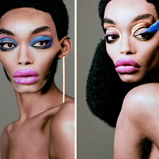 Image similar to realistic photoshooting for a new balenciaga lookbook, vhs colour photography, portrait of model Winnie Harlow woman, in style of Tyler Mitchell, 35mm,