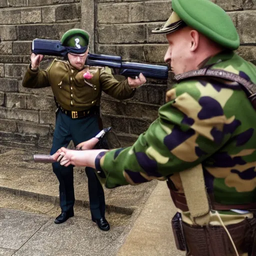 Image similar to Silenced Walther PPK being aimed at a surprised russian guards head