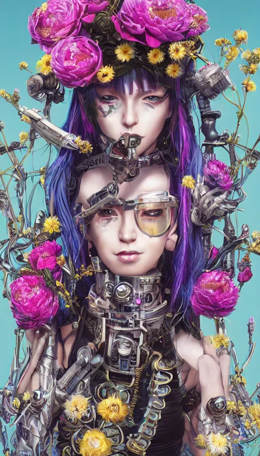 Image similar to full body head to toe portrait of a flowerpunk sci-fi cyborg rogue, third person, D&D, sci-fi fantasy, intricate, blue and gold, daisy and rose and peony, highly detailed, art by Range Murata, highly detailed, 3d, octane render, bright colors, digital painting, trending on artstation, sharp focus, illustration style of Stanley Artgerm, dramatic background