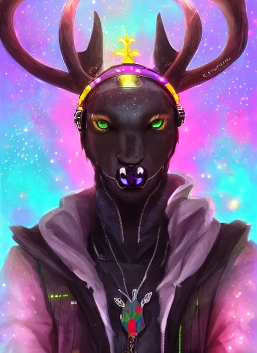 Image similar to award winning beautiful portrait commission of a male furry anthro Black Reindeer cyberpunk fursona with a tail, wings, wings, wings and a cute beautiful attractive detailed furry face wearing a crown, stylish black and rainbow galaxy clothes, outline, in a cyberpunk city at night while it rains. Character design by charlie bowater, ross tran, artgerm, and makoto shinkai, detailed, inked, western comic book art