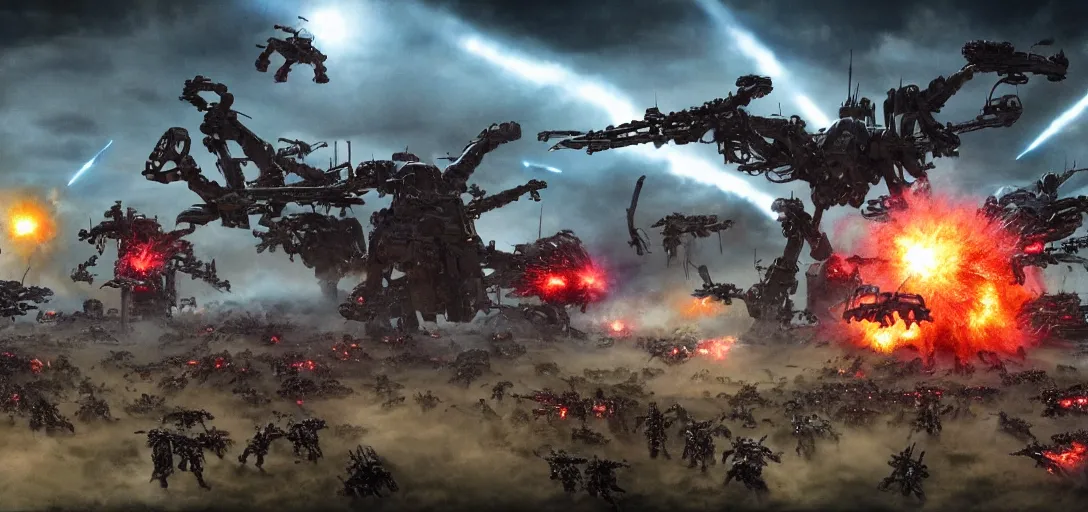 Prompt: epic army of mechwarriors battle creatures on alien planet, explosions, smoke, purple and red lazers, landscape, alex ross, neal adams, david finch, war, concept art, matte painting, highly detailed, rule of thirds, dynamic lighting, cinematic, detailed, denoised, centerd, directed by james cameron