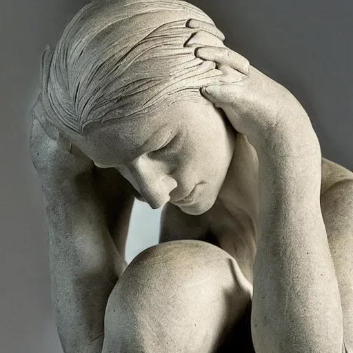 Image similar to sculpture of cate blanchett ,the thinker, by Augusts Rodin photorealism