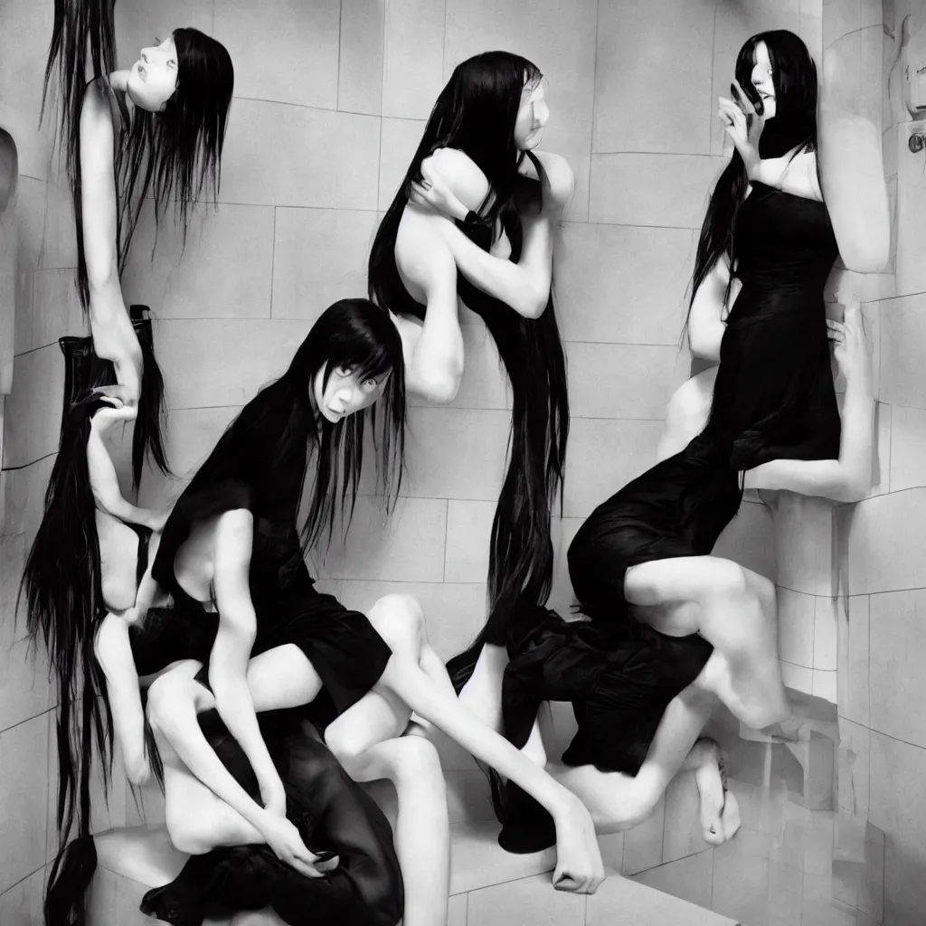 Prompt: photo of young girl with straight long black hair wearing black dress and sitting on bathroom floor, photo made by mario testino and vanessa beecroft, render by artgem for capcom co, resident evil
