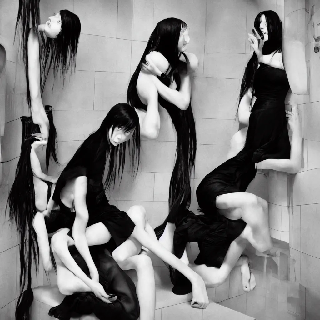 Image similar to photo of young girl with straight long black hair wearing black dress and sitting on bathroom floor, photo made by mario testino and vanessa beecroft, render by artgem for capcom co, resident evil