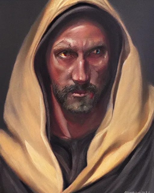 Image similar to oil painting portrait of a man in dark robes, hooded, made by greg rukowtski, fantasy, moodly