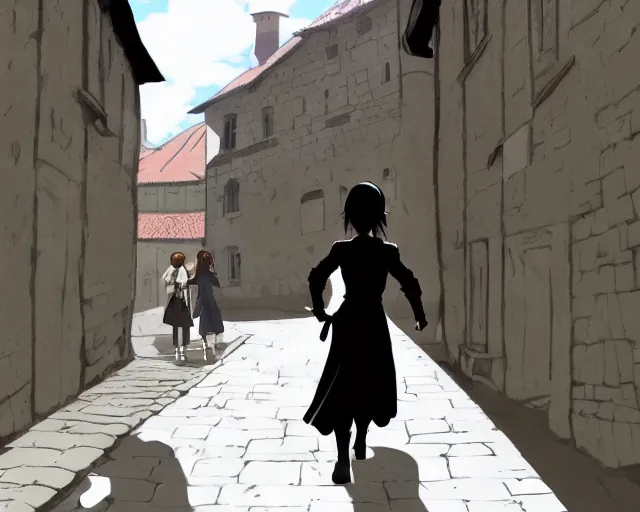 Image similar to anime still frame of a young female walking through a medieval village, dynamic pose, dynamic perspective, detailed silhouette, cel shaded, minimalist, simple, ilya kuvshinov face style