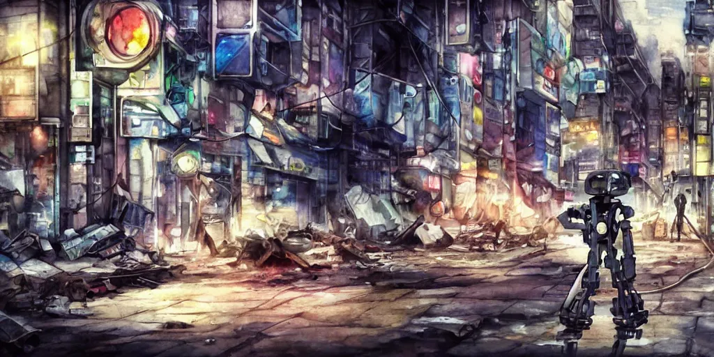 Image similar to watercolour painting of a broken robot repairing its own arm in a post apocalyptic city street, anime, pencil lines, light watercolour, pale sky, beautiful artwork, anime screenshot, akihabara