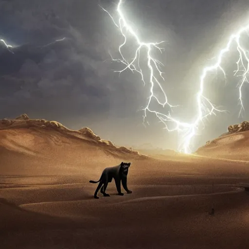 Prompt: portrait of a black lion with gold lightnings in the fur in the middle of the desert , concept art, huge scale, photorealistic, high details by Nick Nichols