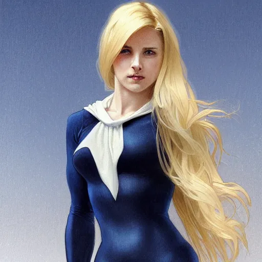 Image similar to a beautiful cartoon still portrait of a beautiful cute young woman shoulder - length blonde hair superhero wearing a tight solid matte navy blue lycra suit white cape white cowl white shoulders, intricate, elegant, 8 k, highly detailed, digital painting, concept art, smooth, sharp focus, illustration, by artgerm greg rutkowski alphonse mucha loish wlop