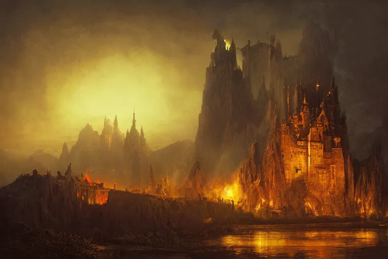 Prompt: a castle at night being lit up by the fire of a dragon, Les Edwards, Zdzislaw Beksinski, Carl Gustav Carus, John Harris, Michal Karcz, Zhang Kechun, Mikko Lagerstedt, Scott Listfield, Steven Outram, Jessica Rossier