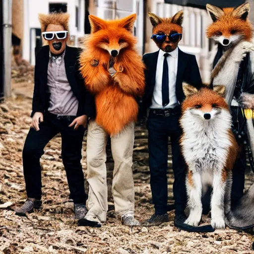 Prompt: rock album of foxes animals dressed in suits and sunglasses, all looking at camera, 8 5 mm f / 1. 4