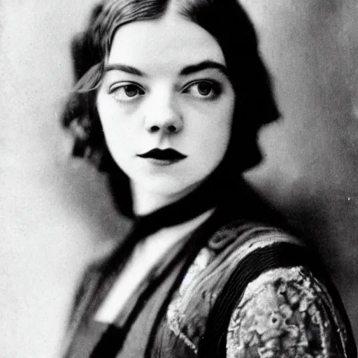 Image similar to headshot edwardian photograph of anya taylor - joy, emma stone, 1 9 2 0 s film actress, realistic face, ethereal, 1 9 1 0 s, grainy, victorian, soft blur