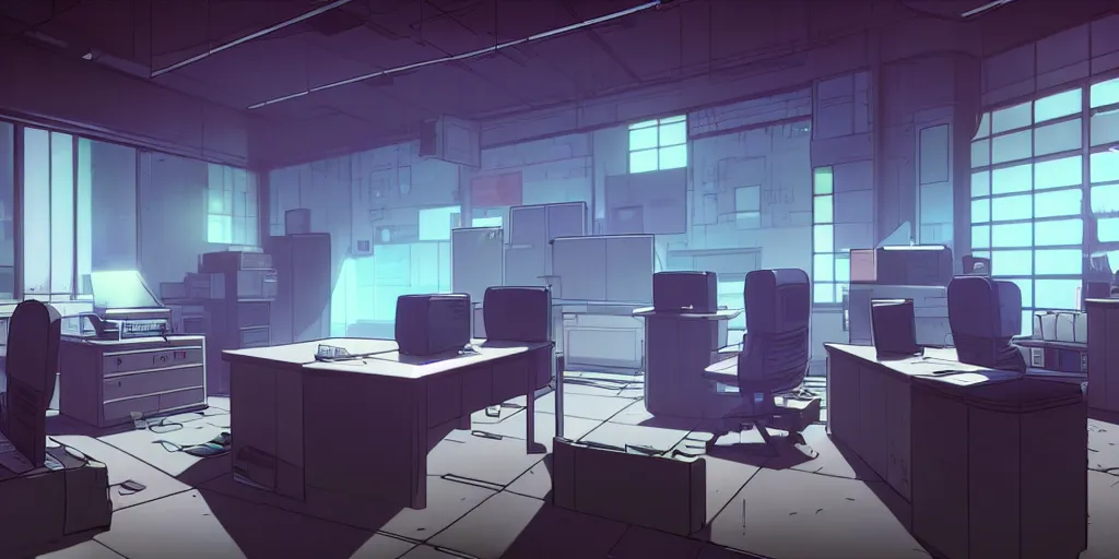 Image similar to an empty quiet quiet after hours cyberpunk police office office in the cyberpunk neon noir anime film, Shichiro Kobayashi, screenshot in the anime series ergo proxy ergo proxy ergo proxy and Detroit metal city, interior