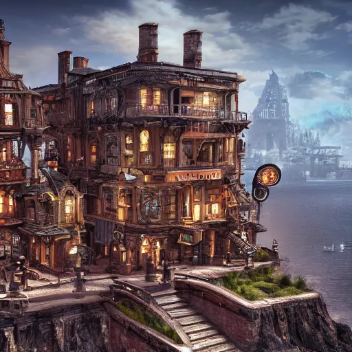 Prompt: a steampunk little town on a small island, wide angel shot, Insanely detailed and intricate, clean photorealistic realistic, hyper-realistic, super detailed, realistic octane render, 8K, hd wallpaper