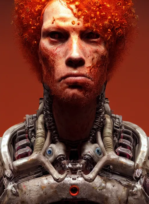 Image similar to biopunk portrait of curly orange hair man from doom 3, au naturel, hyper detailed, digital art, trending in artstation, cinematic lighting, studio quality, smooth render, unreal engine 5 rendered, octane rendered, art style by klimt and nixeu and ian sprigger and wlop and krenz cushart.