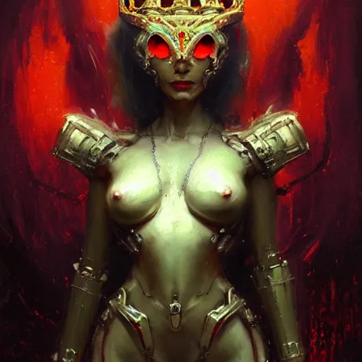 Image similar to attractive demon queen with crown and red eyes as an i robot, painting by gaston bussiere, craig mullins, luis rollo, torso portrait, digital painting, highly detailed, artstation, sharp focus, illustration, concept art, hd