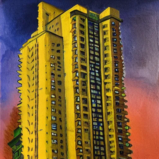 Prompt: neo-rococo expressionist painting of a tall apartment building at night