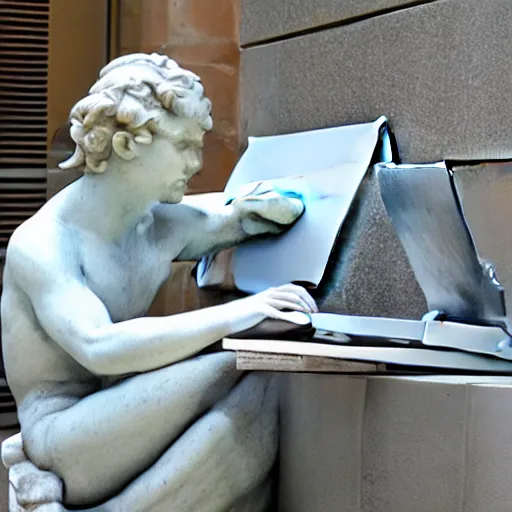 Image similar to a marble statue having trouble working on his laptop