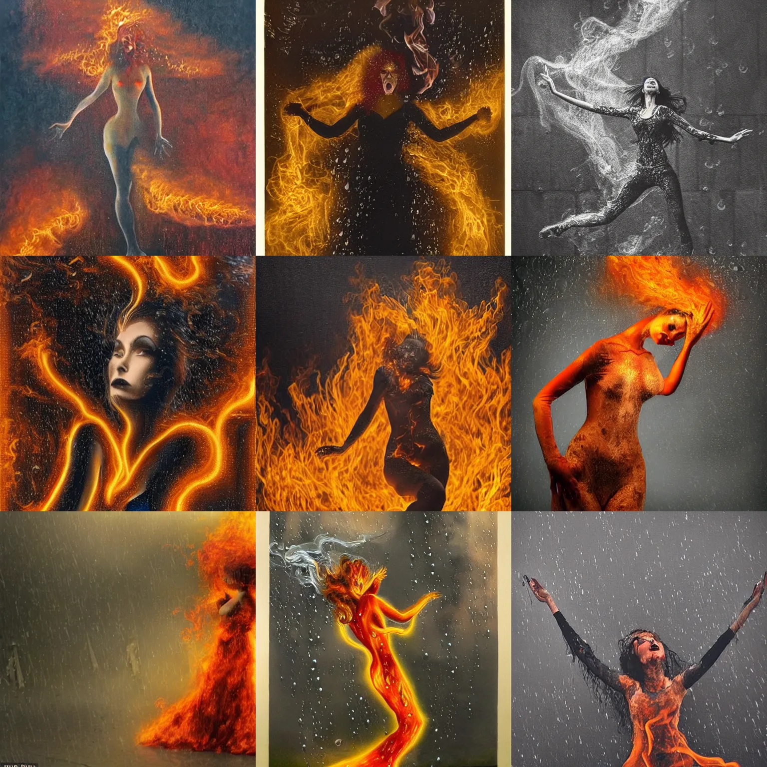 Prompt: a woman made of fire dances out into the rain, her body vanishing into smoke as the raindrops hit her, surrealist art, detailed, emotional